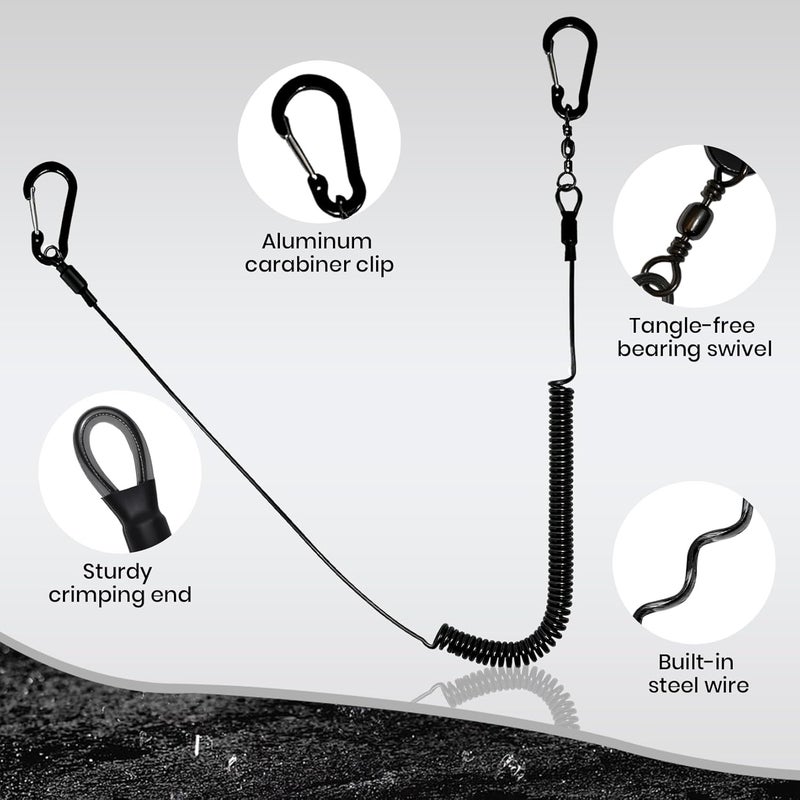 Pristis Fishing Pole Tethers, Retractable Kayak Paddle Leash with Steel Wire, Heavy Duty Coiled Lanyard Saltwater Rod Gear - Image 2